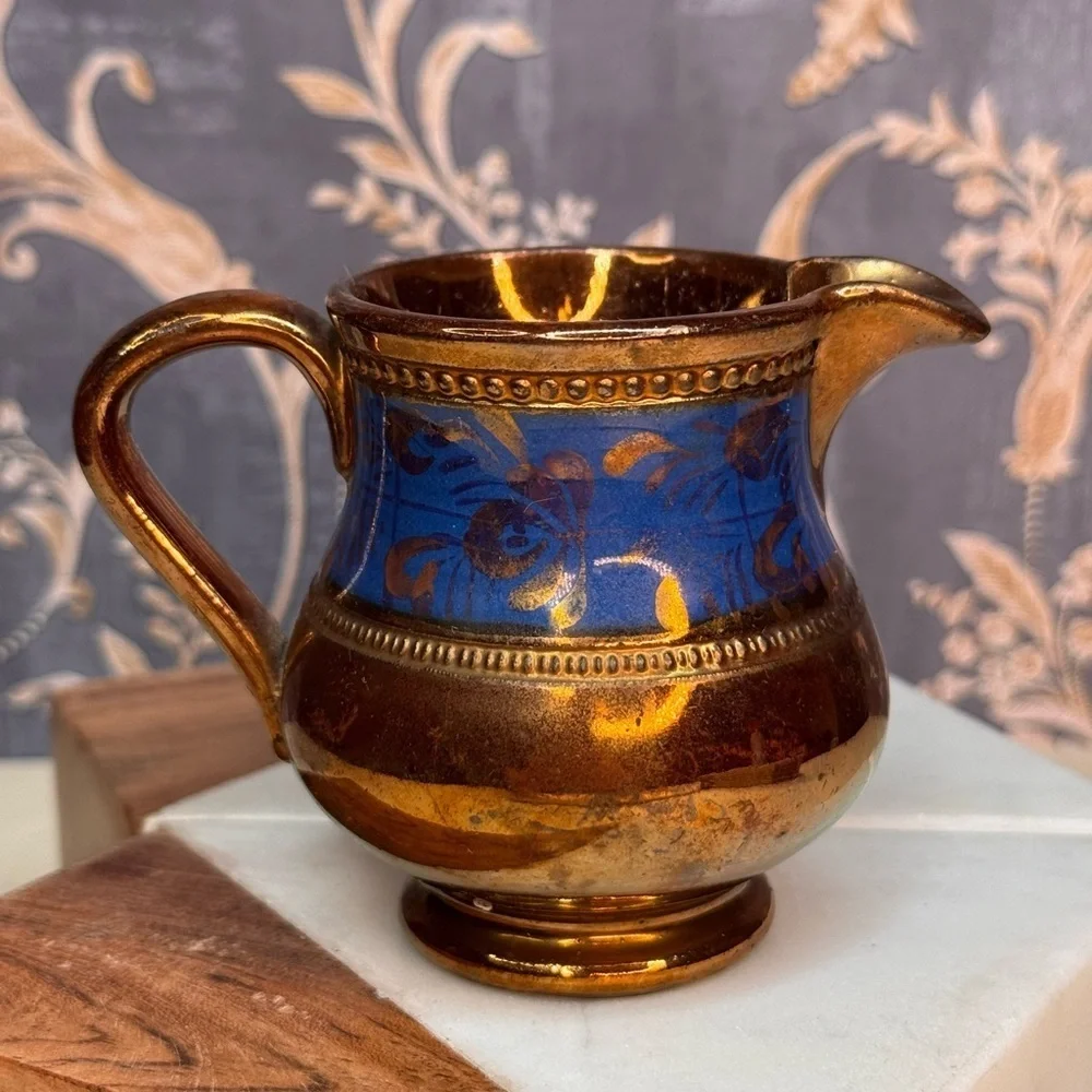 Antique 19th C English Copper Luster Blue Floral Band 3 1/4